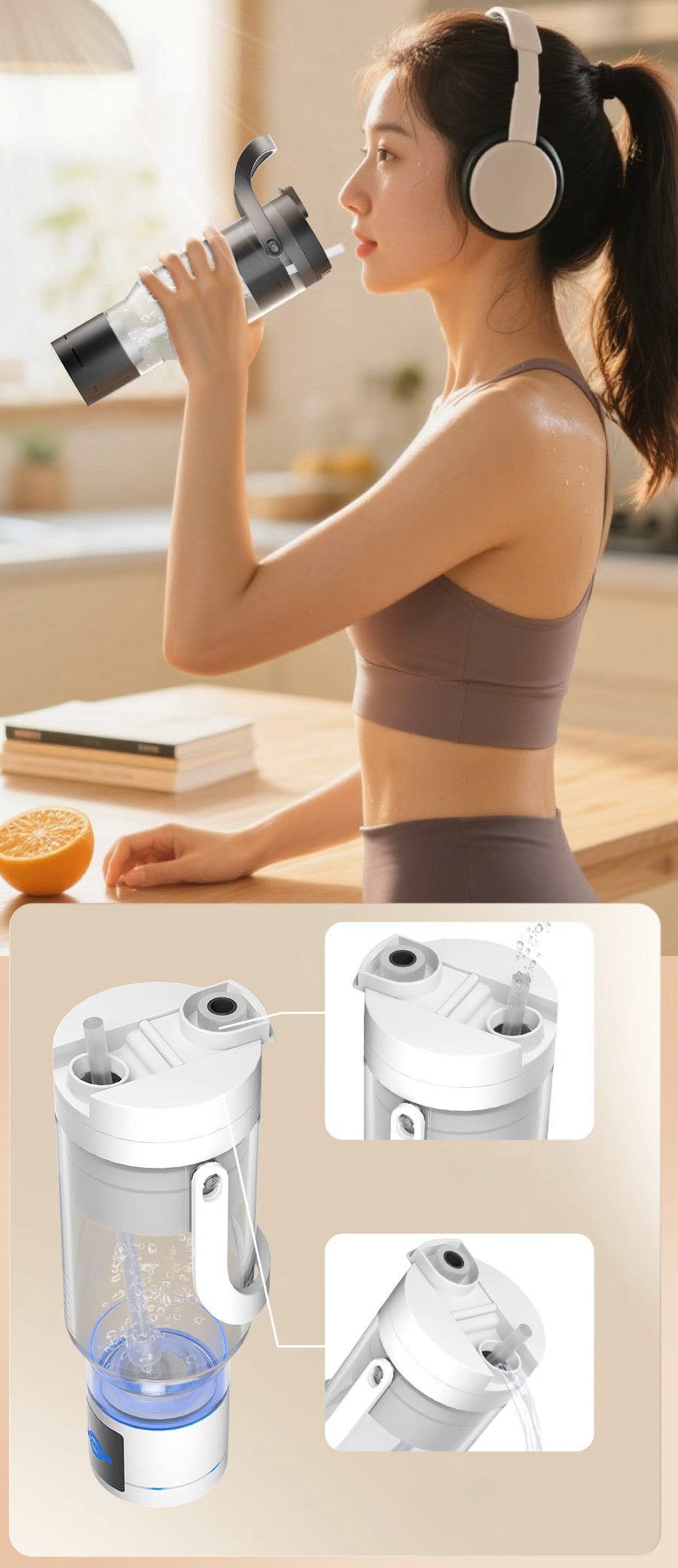 Portable Hydrogen Water Bottle with Straw, SPE PEM Technology High Concentration Hydrogen Rich Water Generator, BPA Free Leakproof Rechargeable Hydrogen Water Cup with Handle for Home, Office, Travel, Sports